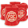 4 red pottery mugs with Fire Department Coffee's Maltese Cross logo in white.