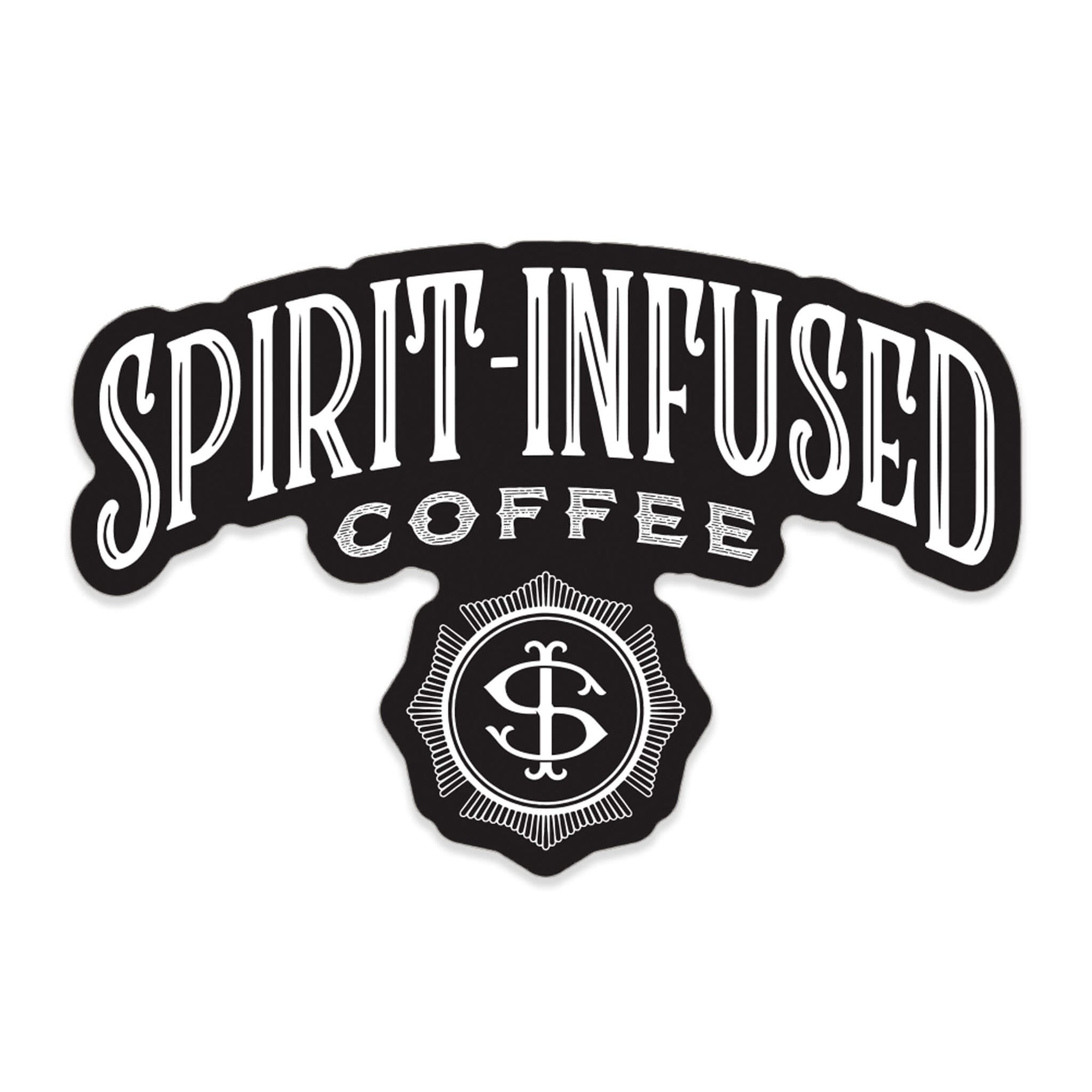 A black and white sticker that says "Spirit Infused Coffee" and has Fire Department Coffee's Spirit Infused logo below.