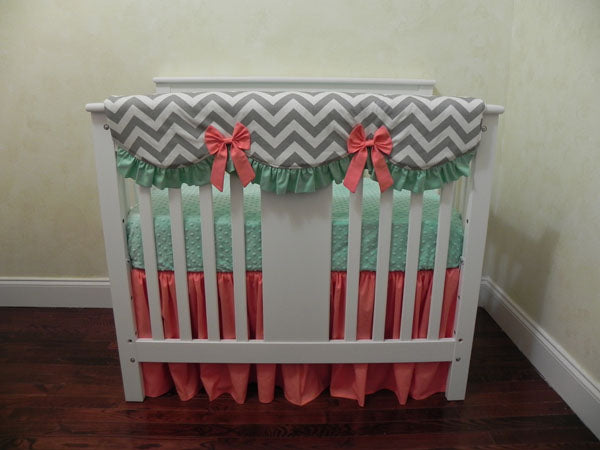 Mint Light Coral And Gray Chevron Girl Mini Crib Bedding Set