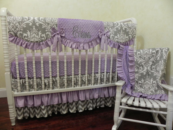 Gray Damask And Lavender Girl Baby Bedding Set Elena Girl Crib