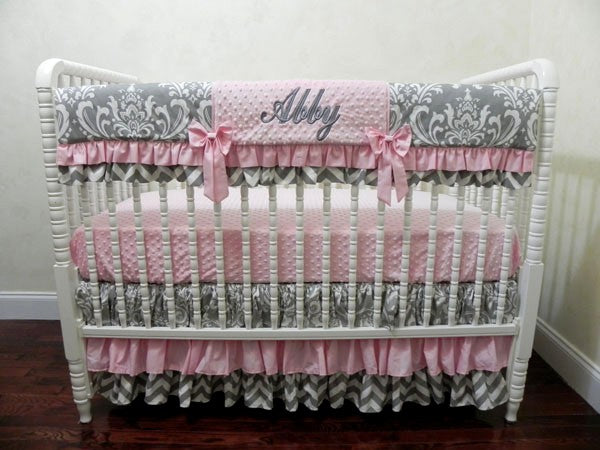 Gray And Pink Girl Crib Bedding Set Abby Elisabeth Girl Baby