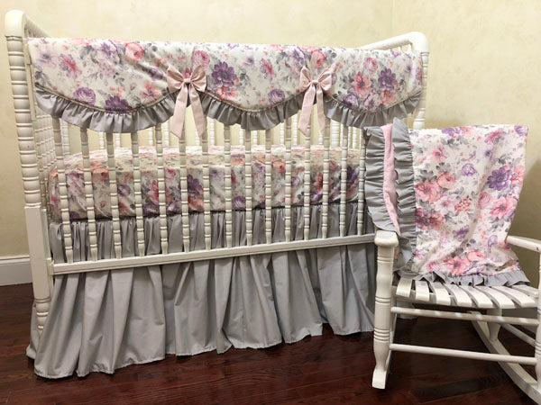 pink and grey floral crib bedding