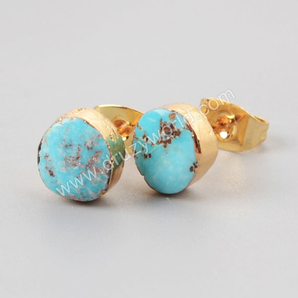 1Pair Freeform Natural Genuine Turquoise Gold Plated Edge Stud Earrings HG1017 