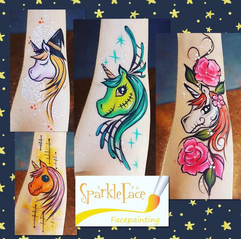 Four Different Halloween Unicorn Face Paint Designs by Sparkle Face