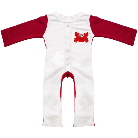 Baby one-piece jumpsuit in white and red with a crab design