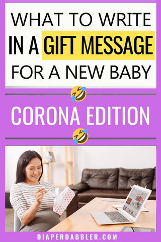 Pregnant woman opening a gift in front of a computer with title: What to write in a gift message for a new baby