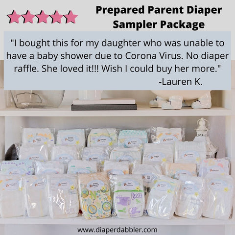 26 brands of Diaper Samples sitting on a baby's shelf, text of 5 star review "I bought this for my daughter who was unable to have a baby shower due to Coronavirus. No diaper raffle. She loved it!!! Wish I could buy her more."