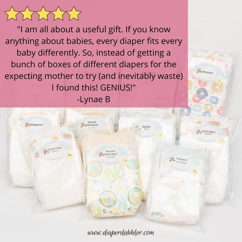 Photo of 12 packs of diaper samples with text of 5 star review "I am all about a useful gift. If you know anything about babies, every diaper fits every baby differently. So, instead of getting a bunch of boxes of different diapers for the expecting mother to try (and inevitably waste) I found this! GENIUS!"