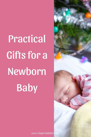 Baby sleeping under tree with lights, caption "Practical Gifts for a Newborn Baby"