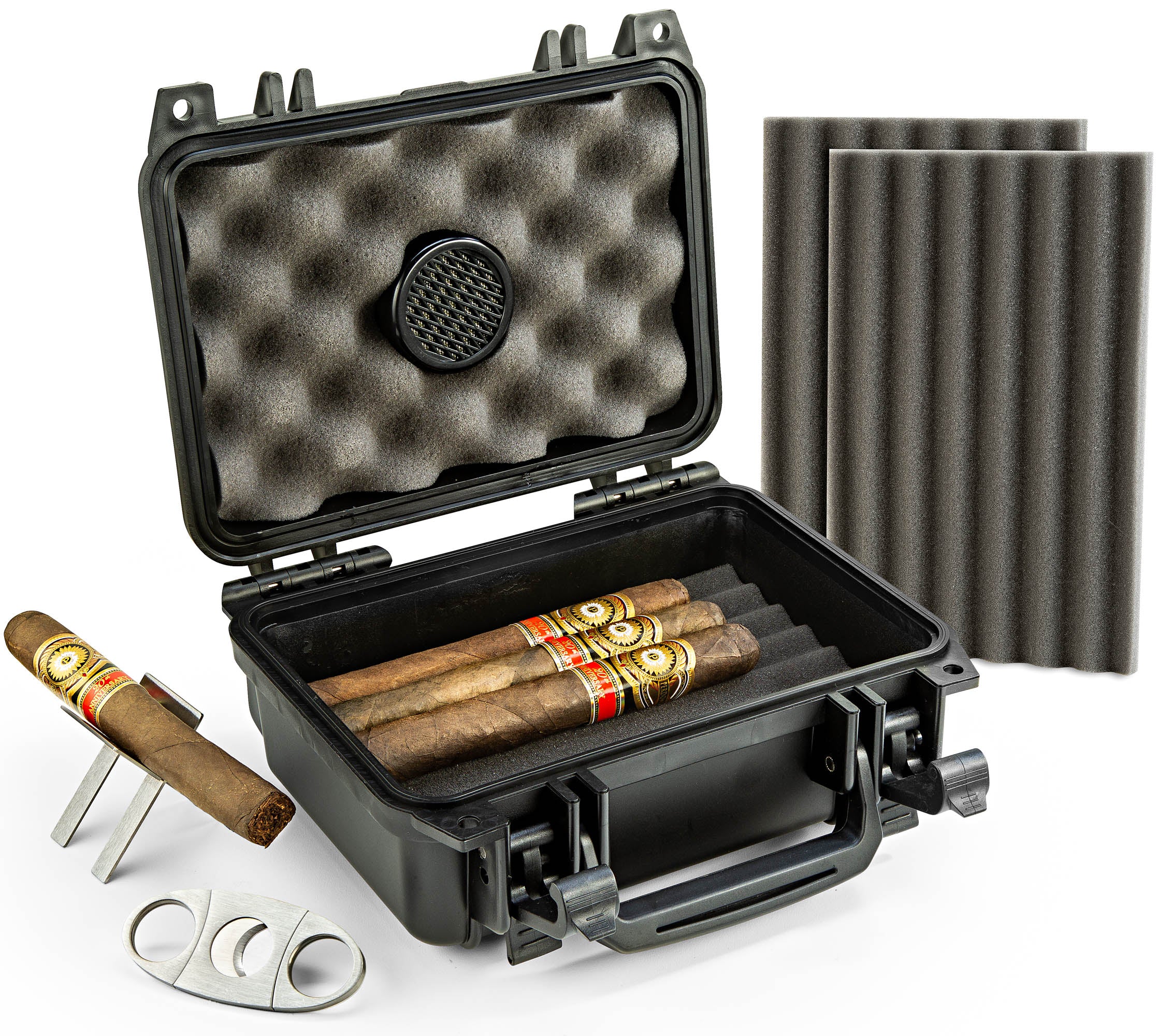 防水旅行雪茄雪茄盒-可容纳20支雪茄-与配件套件(包括雪茄切割机 & 折叠式雪茄架)