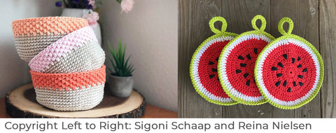 stack of crocheted baskets and flatlay of watermelon potholders