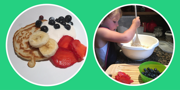 Toddler wearing the Apron making American pancakes for breakfast
