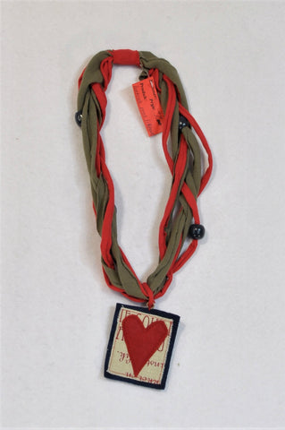 New Unbranded Olive & Red Heart Patch Cloth Beaded Necklace Women
