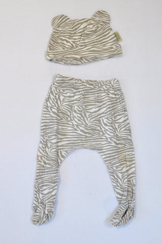 Bush Babes Ear Detail Beanie & Beige Zebra Print Footed Leggings Unisex 6-12 months