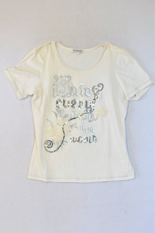 Queenspark White Sequins Enjoy Everything in the World T-shirt Women Size M