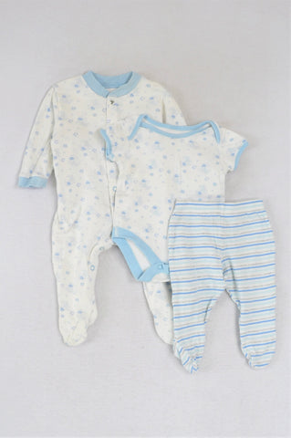 M&S White With Light Blue Building Blocks Babygrow And Striped Pants And Onesies Outfit Boys 0-3 months