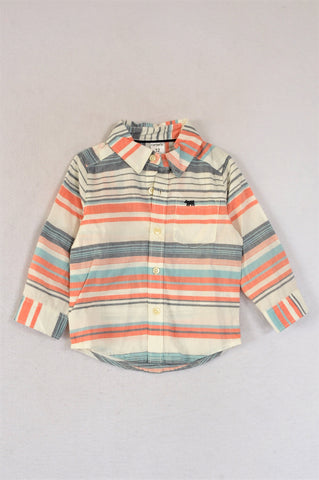 Carter's White Red And Grey Striped Button Up Long Sleeve Shirt Boys 6-12 months
