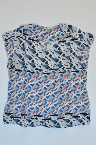 Poetry Blue & Pink Geometric Print Sleeveless V Neck Blouse Women Size 10