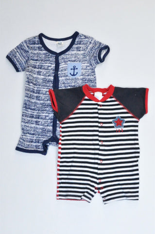 Ackermans Pack Of 2 Navy Anchor & White And Navy Striped Star Rompers Boys 3-6 months