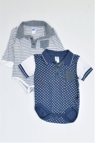 Ackermans Pack Of 2 Navy Polka Dot & White And Blue Striped Long Sleeve Baby Grow Boys 3-6 months