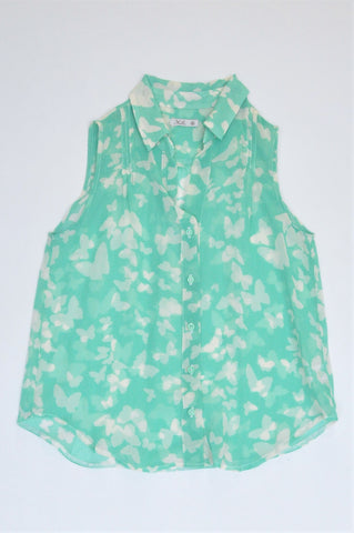 Milla Turquoise & White Butterfly Sheer Collared Sleeveless Blouse Women Size M