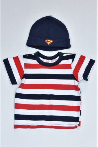 Woolworths/Jet White, Navy And Red T-Shirt & Navy Superman Beanie Outfit Boys 3-6 months