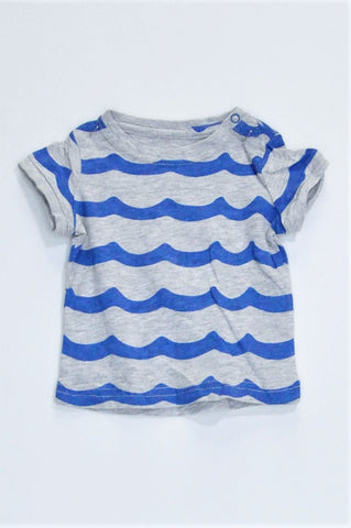 Cotton On Grey With Blue Wave Stripes Shoulder Snap T-shirt Boys 3-6 months