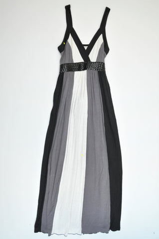 Next Black White & Grey Vertical Striped Woven Waistband Dress Women Size 12