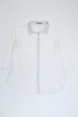 Woolworths White Semi Sheer Grey Collared Short Sleeve Button Up Blouse Women Size 14