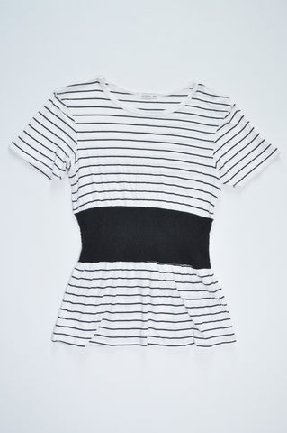Cotton On Black & White Horizontal Striped Scrunchie Waist Detail Short Sleeve T-shirt Women Size M