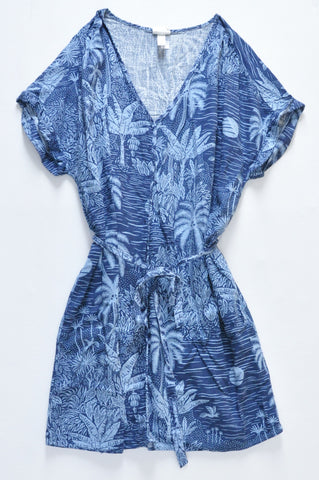 H&M Linen Navy Floral Short Sleeve Dress Women Size XL/XXL