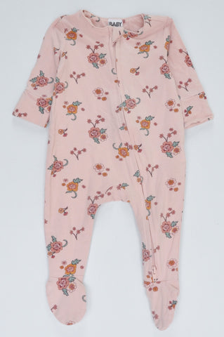 Cotton On Dusty Pink Floral Pattern Long Sleeve Full Zip Footed Onesie Girls 0-3 months