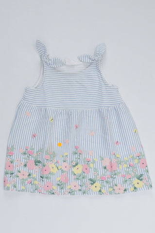 H&M White & Light Blue Horizontal Striped Garden Trim Theme Shoulder Tie Sleeveless Dress Girls 4-6 months