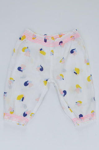 Country Road White Crinkle Floral Patterned Lumo Pink Stitched Waistband Pants Girls 6-12 months
