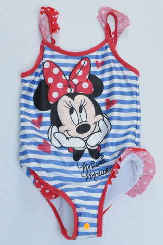 Disney Blue & White Striped Red Detail Minnie Mouse Swimming Costume Girls 2-3 years