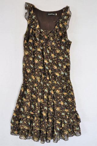 Cool Ice Brown Frill Dainty Floral Dress Women Size L