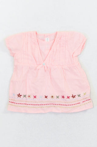 Mamas & Papas Pink Multi Color Stitch Flower Star Blouse Girls 0-3 months