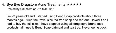 Screenshot of a customers comments, praising how great Bend Soap's products were for her face