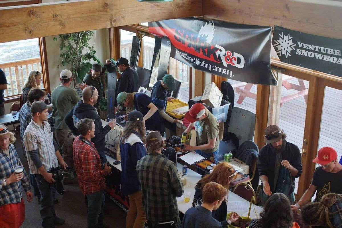 Venture Snowboards and Spark R&D demo tables at the 2017 Silverton Splitfest