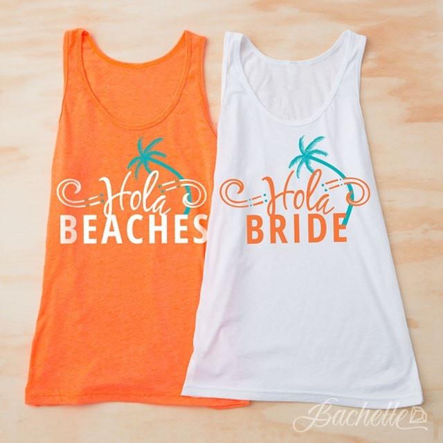 Hola Beaches! Adorable beachy bachlorette party shirts. Neon orange and read "hola bride" and "hola beaches" So cute for a bachelorette in florida or at the beach!