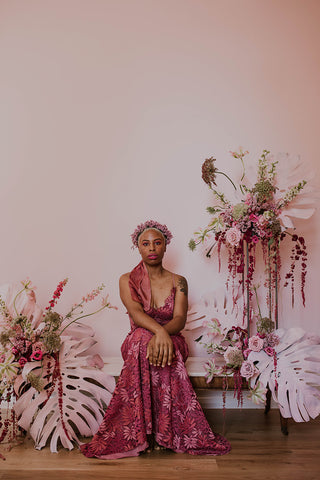 Model with floral installation by Bear Roots Floral