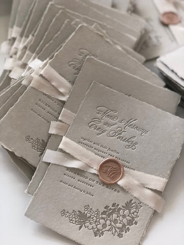 Letterpress Wedding Invitations by CheerUp Press with Naturally Dyed Silk Ribbon by The Lesser Bear and Wax Seals