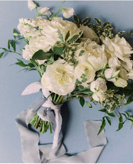 Wedding bouquet with ribbon and a handkerchief tied onto the stems. Ribbon by The Lesser Bear Florals by Love Blooms Floral Design and Photo by Kimberly Dennisons