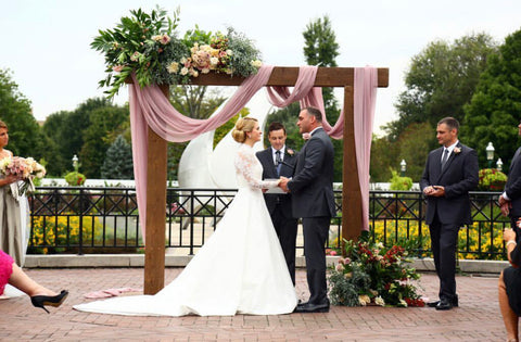 Wooden Wedding Arbor with Draped Mauve Silk Gauze at Franklin Park Conservatory