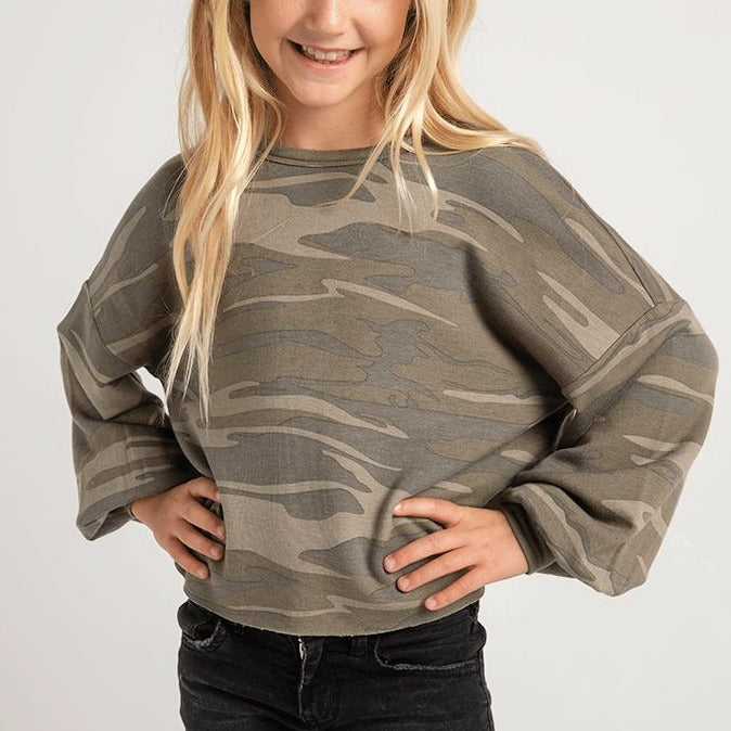 off the shoulder camo sweatshirt