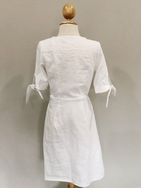 white linen wrap dress