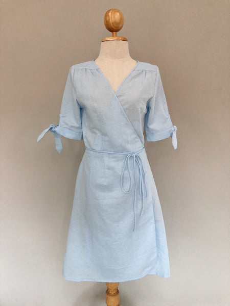 blue linen wrap dress