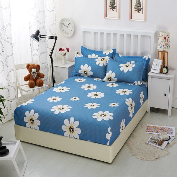 1pcs White Flowers Printed Bedding Bed Sheets With Elastic 100