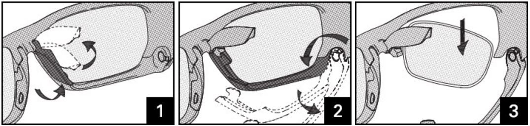 Lens Removal Locate the switch on the left side of the nose pads on your sunglasses and lift it up. Open the lens section of your sunglasses using the hinge near the left temple. Take the lens between your thumb and index finger and gently slide it out, starting with the side closest to the hinge.