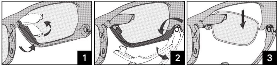 RACING JACKET & SPLIT JACKET™ LENS CHANGING INSTRUCTIONS Lens Removal Replace one lens at a time. 1. Grasp the nose pad near the bottom. 2. Rotate the nose pad up. 3. Grasp the lower jaw and rotate it down. 4. Remove the lens.